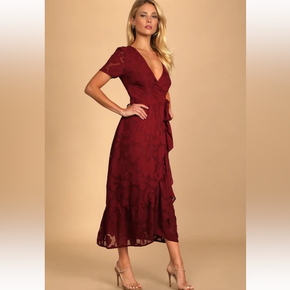 Lulus Blissfully Floral Midi Wrap Burgundy Dress - Picture 2 of 6